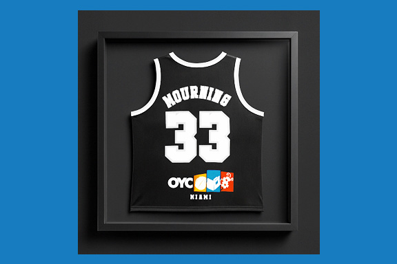 Alonzo Mourning's Basketball Jersey in a frame