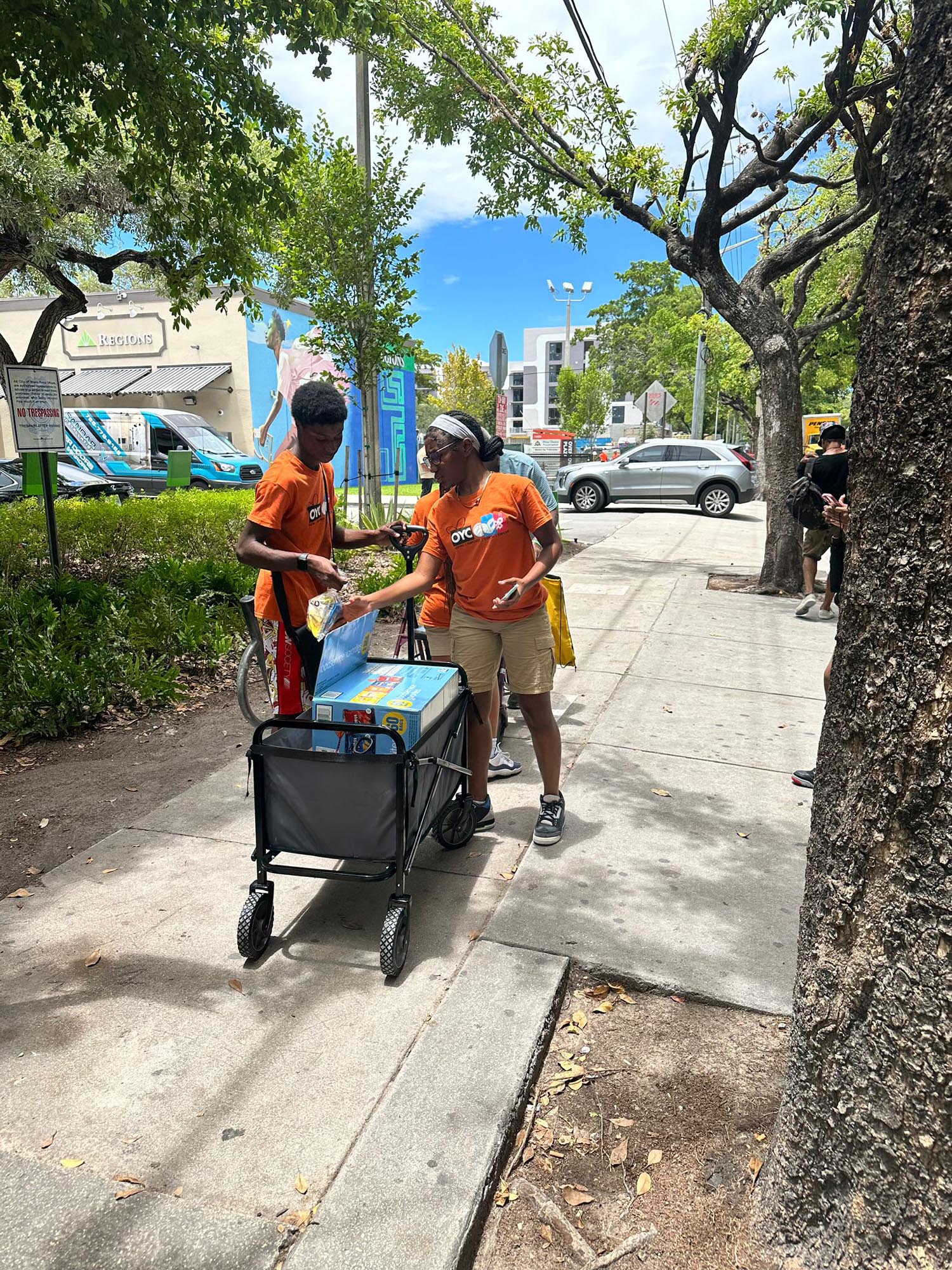 two people pull a wagon through a park