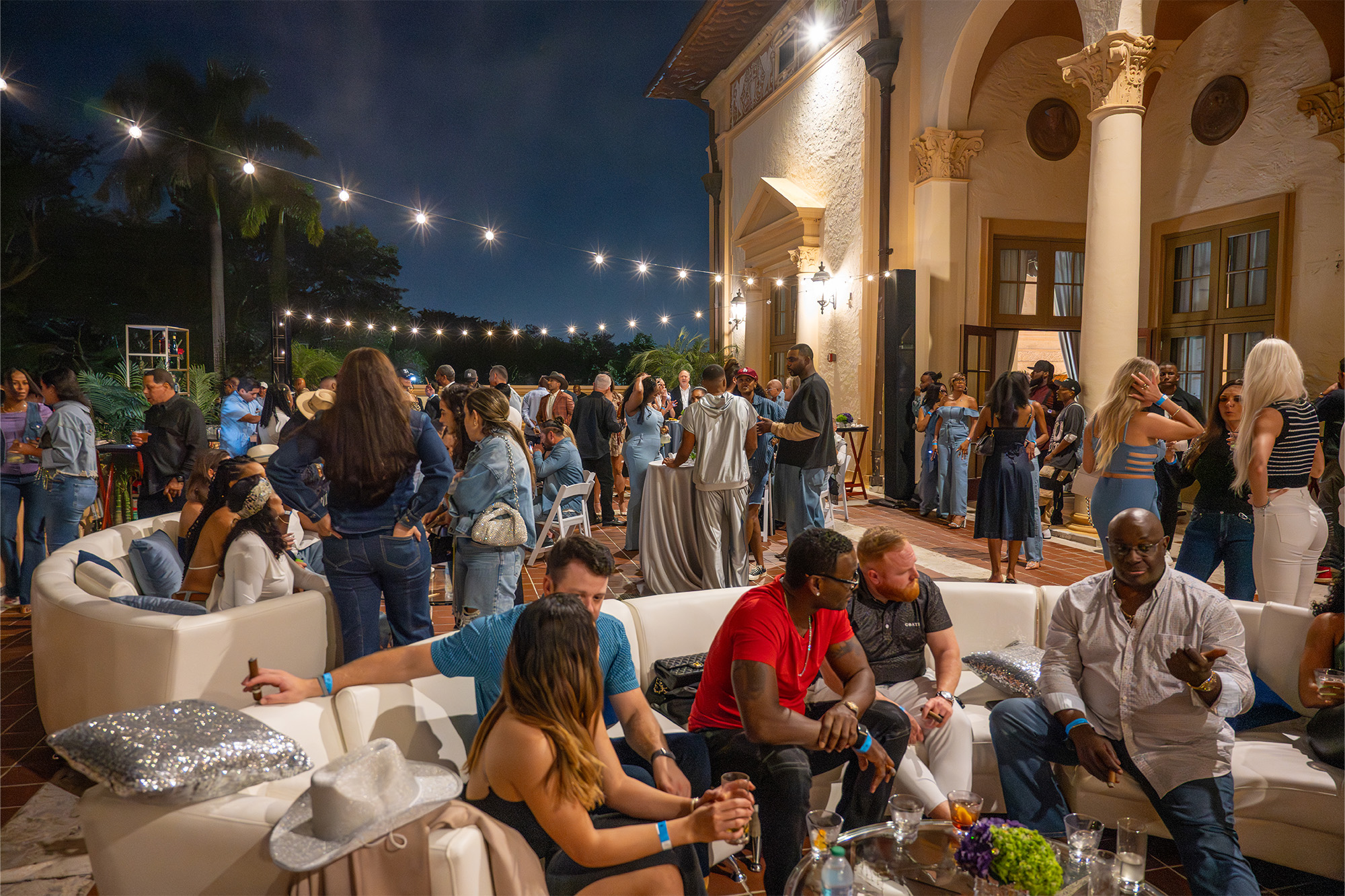 cocktail party at night on a patio at the Biltmore Hotel