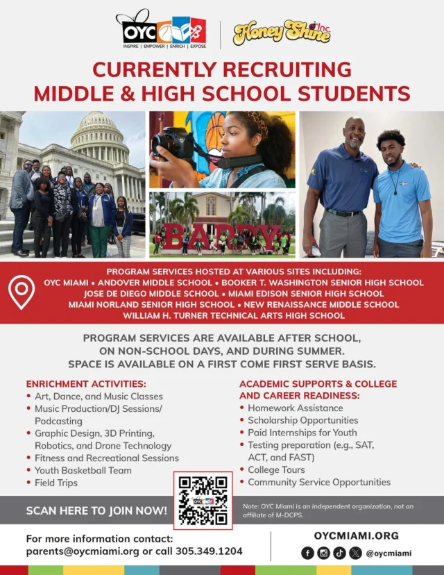 The school year is almost here—and OYC Miami is now enrolling for after-school programming!
We’re focused on providing dynamic and engaging experiences in education, STEAM, health and wellness, the arts, and personal growth—all in a safe, supportive environment.
Students also enjoy nutritious daily meals and access to the resources they need to thrive both in and out of the classroom.
📲 Check out the flyer to learn more and register today!
#OYCMiami #OYCMiamiImpact