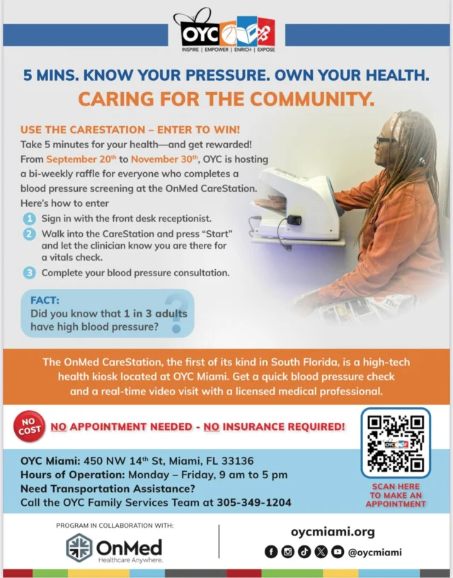 🚨 🚨Did you know 1 in 3 adults has high blood pressure—and many don’t even know it?
Challenge loading… OYC Miami is kicking off the 5-Minute Blood Pressure Challenge now through November 30th! We’re calling on our community to take charge of their health by knowing their numbers by getting screened at the @onmedcarestation .
1️⃣ First sign in with the OYC’s front desk receptionist 
2️⃣ Sign in at the OnmedCarestation - let the clinician know you are there for a vitals check and to check your blood pressure
3️⃣ Complete your screening—and you’re in!
🎁 Bi-weekly raffles are on deck. Details in the flyer. Start today!
#OYCcares #5MinuteChallenge
