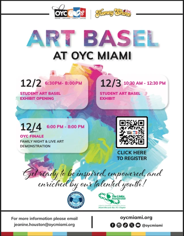 Miami Art Basel ✖️ OYC Edition 🎨

Join us for a one-of-a-kind Art Basel experience at OYC! Featuring art and inspiring works from our talented youth and staff, this three-day event is not to be missed.

📅 12/2 - 12/4

🎟️ Open to the community! Register now—#LinkInBio.

Celebrate creativity, culture, and connection at OYC!