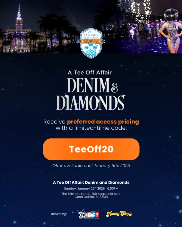 ✨✨✨Purchase tickets to A Tee Off Affair: Denim & Diamonds✨✨✨
Join us Saturday, January 25th at the beautiful Biltmore Hotel for an unforgettable evening of celebration and purpose.

A Tee Off Affair is part of Zo’s Celebrity Golf Classic, supporting the programs and mission of OYC and Honey Shine, impacting youth, families, and adults across our community.

Enjoy 20% off General Admission tickets now through January 5, 2026 with code TeeOff20.
⏳ Don’t miss out. This offer won’t last long. Secure your ticket today. Link in bio.

#OYCMiami #OYCimpact