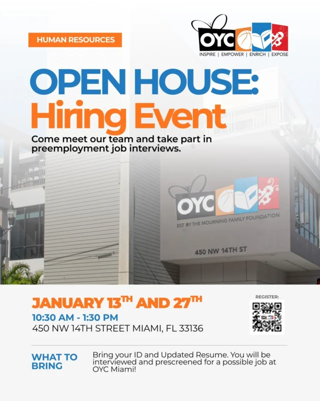 We’re Hiring! Join OYC Miami’s Open House Hiring Event 💼✨

Ready to make a difference? Come learn about opportunities to join our passionate team committed to uplifting youth, families, and adults across South Florida.

📅 Dates: Jan. 13th and 27th
📍 Location: OYC Miami 450 NW 14 Street Miami, Fl 33136
⏰ Time: 10:30 AM until 1:30 PM

📝 Bring your resume and a valid photo ID
📲 Register by scanning the QR code on the flyer or visiting the link on our bio. 

Let’s build brighter futures—together.
#OYCMiami #NowHiring #OpenHouseHiring #JoinOurTeam
