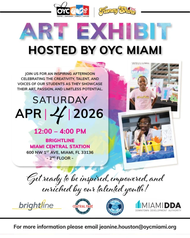 Join us for the OYC Miami Art Exhibit hosted at @gobrightline by the @downtownmia. This vibrant celebration of creativity, talent, and expression stems from works of our art made by our incredible youth. 🎨

This inspiring afternoon will showcase student artwork that reflects imagination, passion, and limitless potential.

📅 April 4, 2026 | 12–4 PM
📍 Brightline MiamiCentral Station

Special thanks to Brightline for hosting and Miami Downtown Development Authority (Miami DDA) for supporting opportunities that uplift young artists in our community.

#OYCMiami