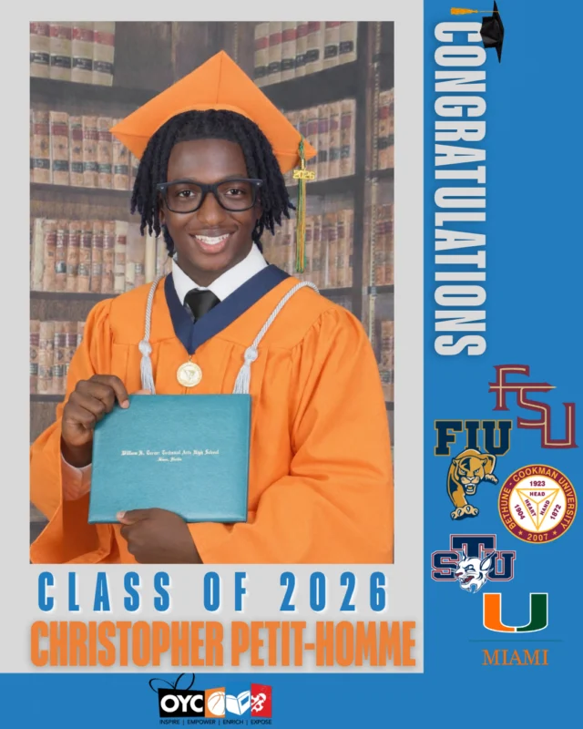 The Class of 2026 has completed their high school journey and is stepping boldly into a future filled with purpose, leadership, and endless possibilities. 💙

Christopher Petit-Homme is proof of what dedication, leadership, and purpose can accomplish. Graduating with honors from William H. Turner Technical Arts High School, Christopher has excelled academically while actively participating in HOSA and serving as a Teacher Aide mentoring younger students.

In addition to earning his high school diploma, Christopher also earned his Associate of Arts degree from Miami Dade College and secured more than $300,000 in scholarships. He will continue his academic journey this fall at the University of Miami.

“My experience with OYC Miami has been life changing. Overtown Youth Center is more than a program, it’s a family that supports and uplifts the next generation.”

Christopher’s commitment to service, mentorship, and community continues to inspire those around him. We cannot wait to see all he accomplishes next. 💙

#OYCMiami #ClassOf2026 #FutureLeader #OYCGraduate
