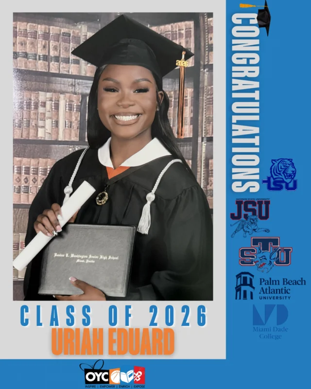 The Class of 2026 has completed their high school journey and is stepping boldly into a future filled with purpose, leadership, and endless possibilities.

Since joining OYC Miami in 2022, Uriah Eduard has continued to blossom into a confident and determined young woman. 💙

While balancing school and a part time job, Uriah remained committed to her personal growth and future goals. This fall, she will attend Miami Dade College where she plans to pursue nursing.

“OYC has impacted my life by giving me a safe space to grow, build confidence, and meet supportive people.”

Watching Uriah step outside of her comfort zone and become more outspoken and self assured has been inspiring. We are excited to see all she accomplishes in this next chapter. 💙

#OYCMiami #ClassOf2026 #FutureNurse #OYCGraduates