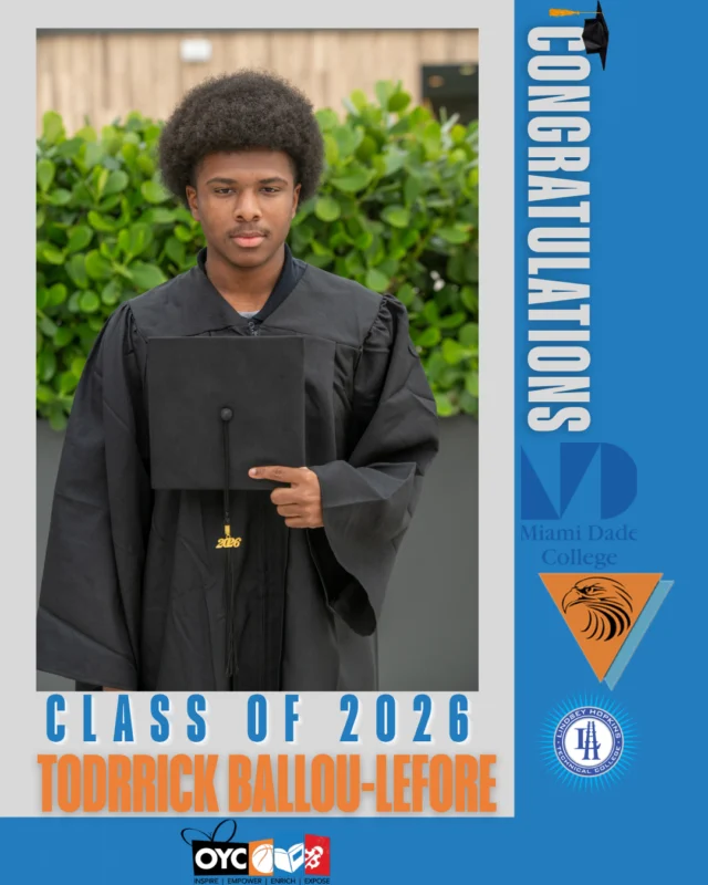 The Class of 2026 has completed their high school journey and is stepping boldly into a future filled with purpose, leadership, and endless possibilities. 💙🎓

Since joining OYC Miami during his freshman year, Toddrick Ballou-Lefore has continued to grow academically and personally while preparing for his future, while demonstrating perseverance, growth, and determination as he works toward creating opportunities for himself and his future career.

Toddrick will continue his journey at William H. Turner Technical College where he plans to pursue his welding certification and build a strong future within the skilled trades industry.

We are proud of all he has accomplished and excited to see him continue building a bright future ahead. 💙

#OYCMiami #ClassOf2026 #FutureLeader #OYCGraduates