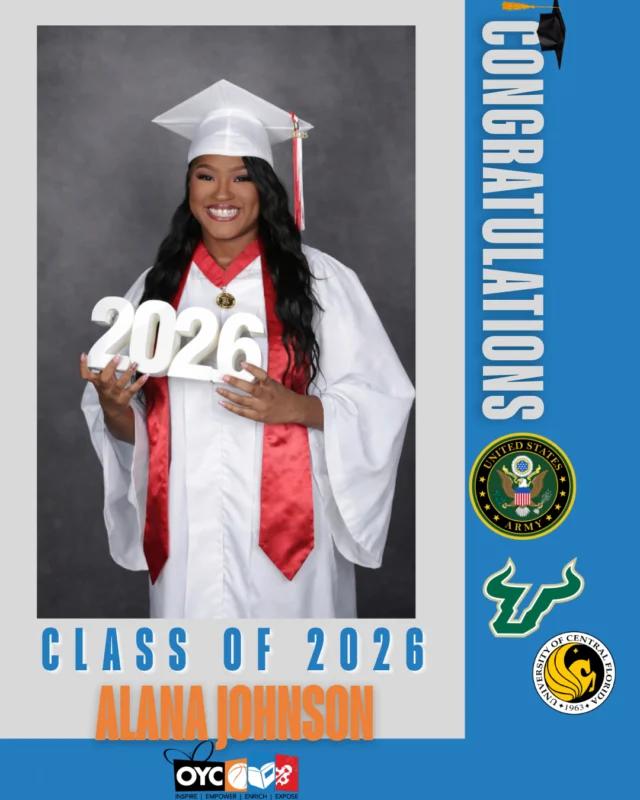 The Class of 2026 has completed their high school journey and is stepping boldly into a future filled with purpose, leadership, and endless possibilities.🎓

From classrooms to community leadership, Alana Johnson has truly embodied what it means to grow with purpose. 💙

Ranked in the top 2% of her graduating class at Miami Edison Senior High School, Alana graduates with honors after balancing JROTC, flag football, OYC Miami, and a part time position at Lotus House. After graduation, she will officially begin her next chapter by joining the Army.

For more than 10 years, Alana has been a part of the OYC Miami family, growing into a confident and driven young woman committed to giving back and mentoring future generations of OYC students.

“OYC has impacted my life by placing positive role models in my life who have helped mold me into the young woman I have become today…”

We are proud of you, Alana. Your future is bright and your impact is only beginning. 💙

#OYCMiami #ClassOf2026 #OYCGraduates #FutureLeader