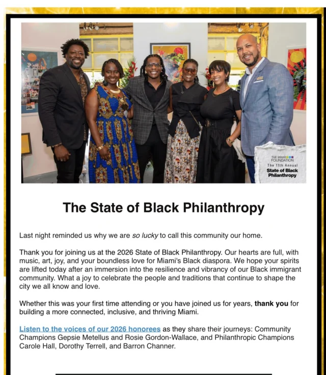 For the past 11 years, @miamifoundation has hosted The State of Black Philanthropy, creating a powerful space for celebration, reflection, and action. 💙

This gathering continues to highlight the intentional work being done to build a thriving future for Black communities, while honoring the leadership, investment, and generosity that help shape a stronger and more equitable Greater Miami.

This year’s event served as a meaningful reminder of what can happen when community, collaboration, and purpose come together. The evening also recognized changemakers whose leadership, service, and commitment continue to make a lasting difference throughout our community.

We are grateful to stand alongside organizations and leaders dedicated to creating opportunities and strengthening the future of Greater Miami. 💙

#OYCMiami #StateOfBlackPhilanthropy #TheMiamiFoundation #CommunityLeadership #GreaterMiami