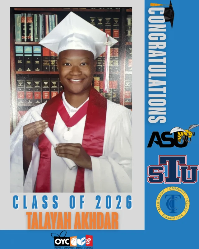 The Class of 2026 has completed their high school journey and is stepping boldly into a future filled with purpose, leadership, and endless possibilities. 💙

Talayah Ahkbar has led with resilience, strength, and determination throughout her high school journey while balancing academics, athletics, and leadership opportunities.

Graduating with honors from Miami Edison Senior High School, Talayah participated in basketball, track, flag football, and OYC Miami while continuing to grow into a confident and driven young woman.

This fall, she will begin the Ignite program at Tallahassee State College before continuing her journey toward a nursing degree at Florida A&M University.

“OYC has helped me become a better version of myself by teaching me important life skills and giving me guidance through hard times.”

Talayah’s growth, perseverance, and commitment to her future continue to inspire everyone around her. We are proud of all she has accomplished and excited for all that lies ahead. 💙

#OYCMiami #ClassOf2026 #FutureNurse #OYCGraduates
