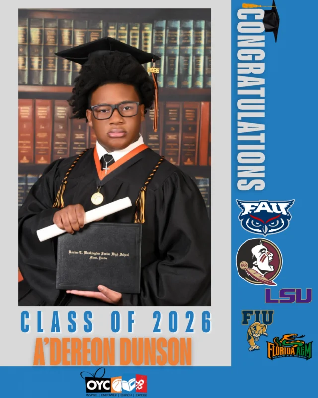 The Class of 2026 has completed their high school journey and is stepping boldly into a future filled with purpose, leadership, and endless possibilities. 🎓

A’Dereon Dunson has consistently demonstrated excellence, discipline, and determination throughout his high school journey.

Graduating in the top 1% of his class from Booker T. Washington Senior High School, A’Dereon earned more than 30 dual enrollment credits through Miami Dade College while consistently challenging himself with honors level coursework all four years.

His hard work and academic success earned him more than $160,000 in scholarships, including the prestigious Bright Futures Scholarship.

This fall, he will continue his academic journey at Florida State University where he plans to major in nursing.

“OYC has impacted my life by giving me guidance, support, and opportunities to grow as a person.”

A’Dereon’s commitment to excellence, leadership, and his future goals continues to inspire everyone around him. We are incredibly proud of all he has accomplished and excited to watch him thrive in this next chapter. 💙

#OYCMiami #ClassOf2026 #FutureLeader #OYCGraduates