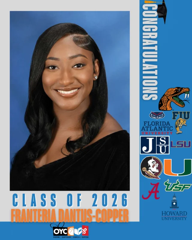 The Class of 2026 has completed their high school journey and is stepping boldly into a future filled with purpose, leadership, and endless possibilities. 🎓

Franteria Dantus-Cooper has set the standard for academic excellence, leadership, and service throughout her high school journey.

Graduating as the valedictorian of Miami Norland Senior High School, Franteria earned her Associate of Arts degree from Miami Dade College while completing more than 700 hours of community service and maintaining an unwavering commitment to her future.

This fall, she will continue her academic journey at Howard University.

“Overtown Youth Center and Honey Shine impacted me by helping shape the young woman I am today.”

Through mentorship, leadership opportunities, and transformative experiences, Franteria has continued to grow into an extraordinary young woman whose future is filled with limitless potential. We are beyond proud of all she has accomplished and excited for all that lies ahead. 💙

#OYCMiami #ClassOf2026 #Valedictorian #OYCGraduates