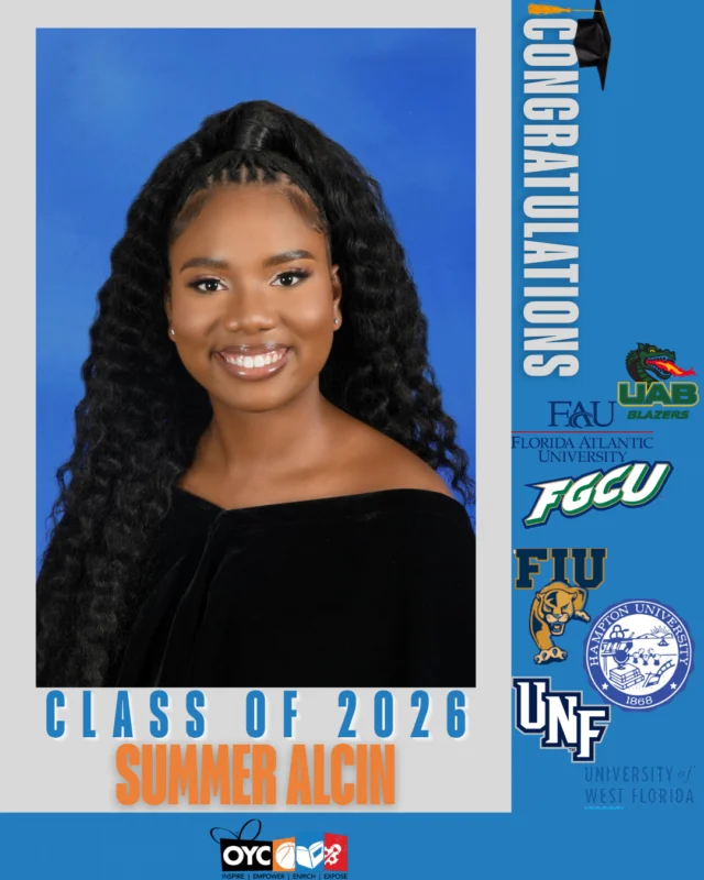 The Class of 2026 has completed their high school journey and is stepping boldly into a future filled with purpose, leadership, and endless possibilities. 💙

Summer Alcin has dedicated herself to excellence in academics, service, and leadership throughout her high school journey.

Graduating in the top 5% of her class from Miami Norland Senior High School, Summer also earned her Associate of Arts degree from Miami Dade College while balancing extracurricular activities and completing more than 1,200 hours of community service.

This fall, she will attend Florida International University where she plans to major in nursing.

“OYC has made me fall in love with giving back and encouraging young Black girls and boys to dream bigger, believe in themselves, and never limit what they can achieve.”

Summer’s passion for service, mentorship, and uplifting others continues to inspire everyone around her. We are proud of all she has accomplished and excited to watch her continue making an impact. 🎓

#OYCMiami #ClassOf2026 #FutureLeader #OYCGraduates