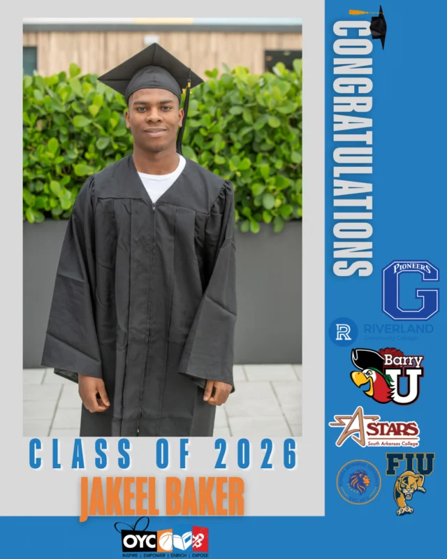 The Class of 2026 has completed their high school journey and is stepping boldly into a future filled with purpose, leadership, and endless possibilities. 💙

Jakeel Baker has been a part of the OYC Miami family since the first grade, growing into a dedicated student, mentor, and leader throughout his journey.

Over the years, Jakeel has remained actively involved in OYC Miami by supporting younger students, participating in programming, and pursuing his passion for basketball with unwavering commitment and determination.

“OYC impacted my life by helping me stay focused in school, pushing me to become the best version of myself, and supporting me with academic scholarships. They also motivated me to chase my basketball dreams and always believed in me even when things got hard.”

As Jakeel prepares to make his college decision and take the next step toward his future, we celebrate the hard work, resilience, and growth that have defined his journey. We are proud of all he has accomplished and excited to see where his path leads next. 💙

#OYCMiami #ClassOf2026 #StudentAthlete #OYCGraduates