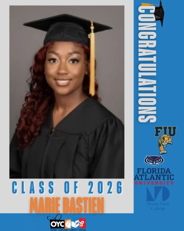 The Class of 2026 has completed their high school journey and is stepping boldly into a future filled with purpose, leadership, and endless possibilities. 🎓

Marie Bastien has demonstrated what perseverance, excellence, and determination truly look like throughout her high school journey.

Graduating in the top 1% of her class at Miami Edison Senior High School, Marie excelled academically while actively participating in soccer, JROTC, and the Finance Academy.

She graduates with honors, college credits, and more than $50,000 in scholarships and will continue her journey this summer at Florida International University as a Golden Scholar.

“OYC has influenced my senior year by giving me strength during some of my hardest moments, reminding me that I am capable of achieving my dreams, and surrounding me with support that made me feel valued and hopeful for my future.”

Marie’s resilience, determination, and commitment to her goals have been inspiring to witness. We are proud of all she has accomplished and excited for all that lies ahead. 💙

#OYCMiami #ClassOf2026 #FutureLeader #OYCGraduates