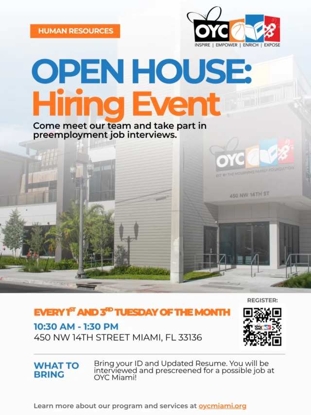 Looking for more than just a job? Build a career that creates lasting impact.

OYC Miami is growing, and we are looking for passionate individuals who are ready to inspire, empower, and help transform the lives of youth, families, and adults throughout South Florida.

📅 Every 1st and 3rd Tuesday of the month
📍 OYC Miami
450 NW 14 Street
Miami, FL 33136
⏰ 10:30 AM to 1:30 PM

📝 Bring your resume and a valid photo ID.

📲 Scan the QR code on the flyer or visit the link in our bio to register.

Your next opportunity to make a difference starts here. We cannot wait to meet you.

#OYCMiami #NowHiring #HiringEvent #JoinOurTeam #CareersWithPurpose