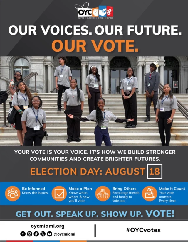 🗳️ Your voice has power. Use it.

Civic engagement is an important part of building stronger communities and creating the future we want to see. On August 18, make your voice heard by showing up and exercising your right to vote.

Know the issues. Make a plan. Encourage your family and friends to participate. Most importantly, make your vote count.

Get out. Speak up. Show up. VOTE! 🗳️

#OYCvotes #ElectionDay #CivicEngagement #YourVoiceMatters #BlackVotersMatter