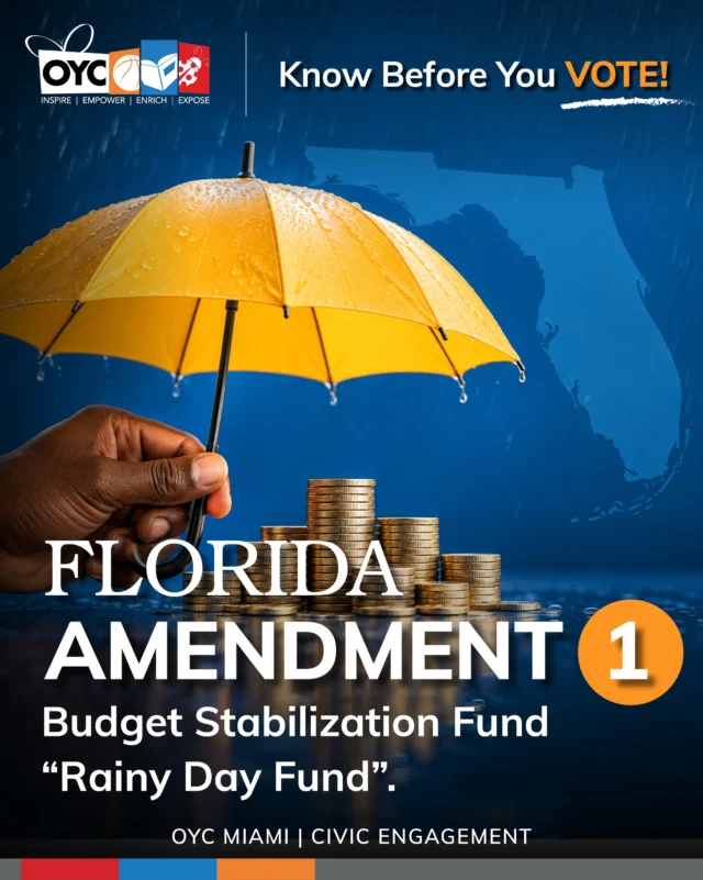 🗳️ Election Day is right around the corner, and OYC Miami is committed to helping our community stay informed about the policies, issues, and decisions that affect our everyday lives.

We want you to stay informed, know your rights, understand your options, and feel confident when casting your ballot.

First up: Florida’s Constitutional Amendments!

Take a closer look at Amendment 1, the Budget Stabilization Fund, also known as the Rainy Day Fund.

Swipe through to learn more about the proposed amendment, what voting YES or NO would mean, and how each choice could impact you and your community.

📅 Election Day: Tuesday, November 3, 2026

🇺🇸 Your voice. Your vote. Your future.

#OYCMiami  #KnowBeforeYouVote #CivicEngagement #FloridaElections #YourVoteMatters