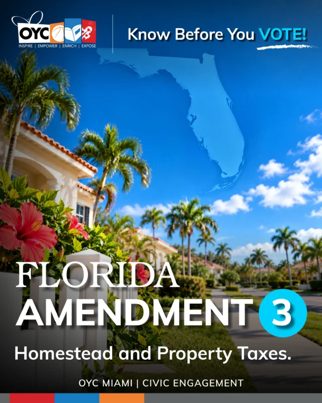 🗳️ OYC Miami is committed to helping our community stay informed about the policies, issues, and decisions that affect our everyday lives.

Next up: Florida’s Constitutional Amendment 3!

Take a closer look at Amendment 3 and what the proposed changes could mean for you and your community.

Swipe through to learn more about the amendment, what voting YES or NO would mean, and how each choice could affect our everyday lives.

📅 Election Day: Tuesday, November 3, 2026

Stay informed, know your rights, understand your options, and make the decision that reflects your understanding of the issues.

🇺🇸 Your voice. Your vote. Your future.

#OYCMiami #OYCVotes #KnowBeforeYouVote #CivicEngagement #FloridaElection